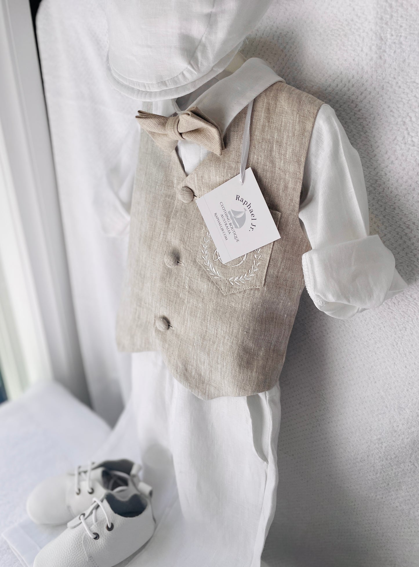 White and Beige Linen set with vest, shirt, pants, suspenders and bowtie plus optional jacket, cap and shoes
