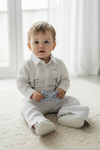 White linen Baptism Suit outfit with optional blue jacket and Accessories