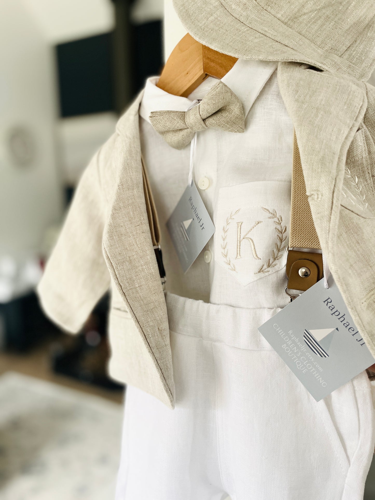 Beige linen kids Baptism or Wedding Suit with Accessories and Embroidery Available