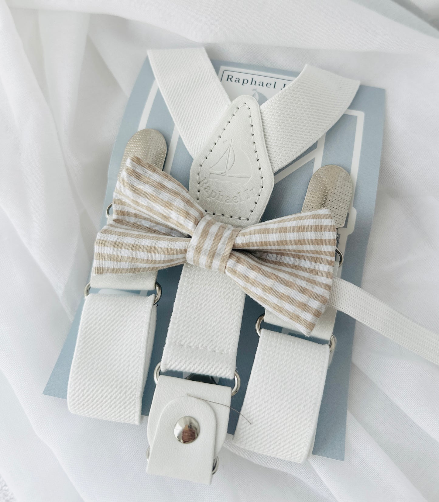 Beige Linen vest suit, shirt, pants, suspenders and bowtie plus optional jacket, cap and shoes