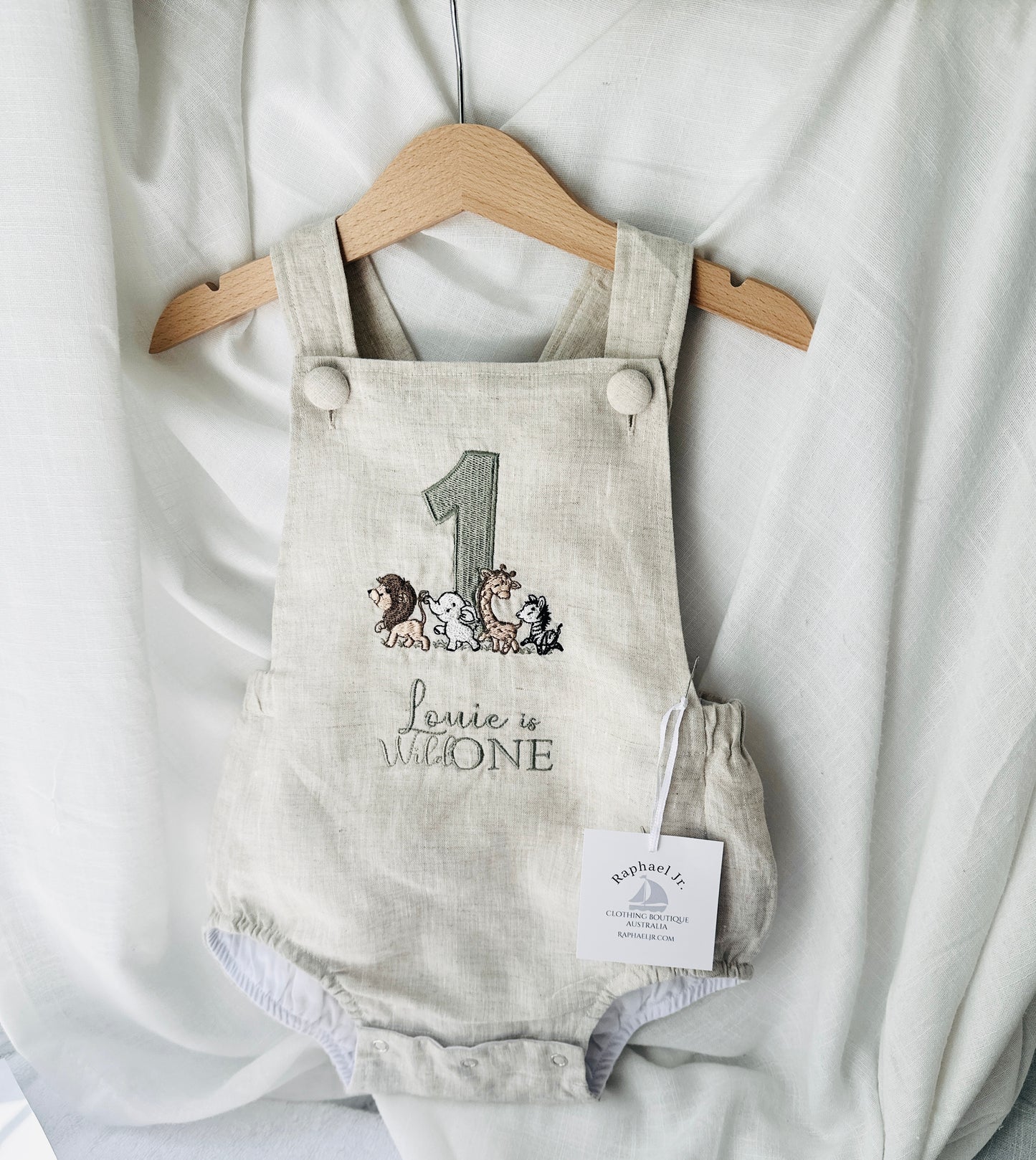 Boys Beige Linen First Birthday romper overalls wild one safari