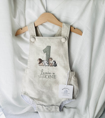 Boys Beige Linen First Birthday romper Pooh Bear and other designs