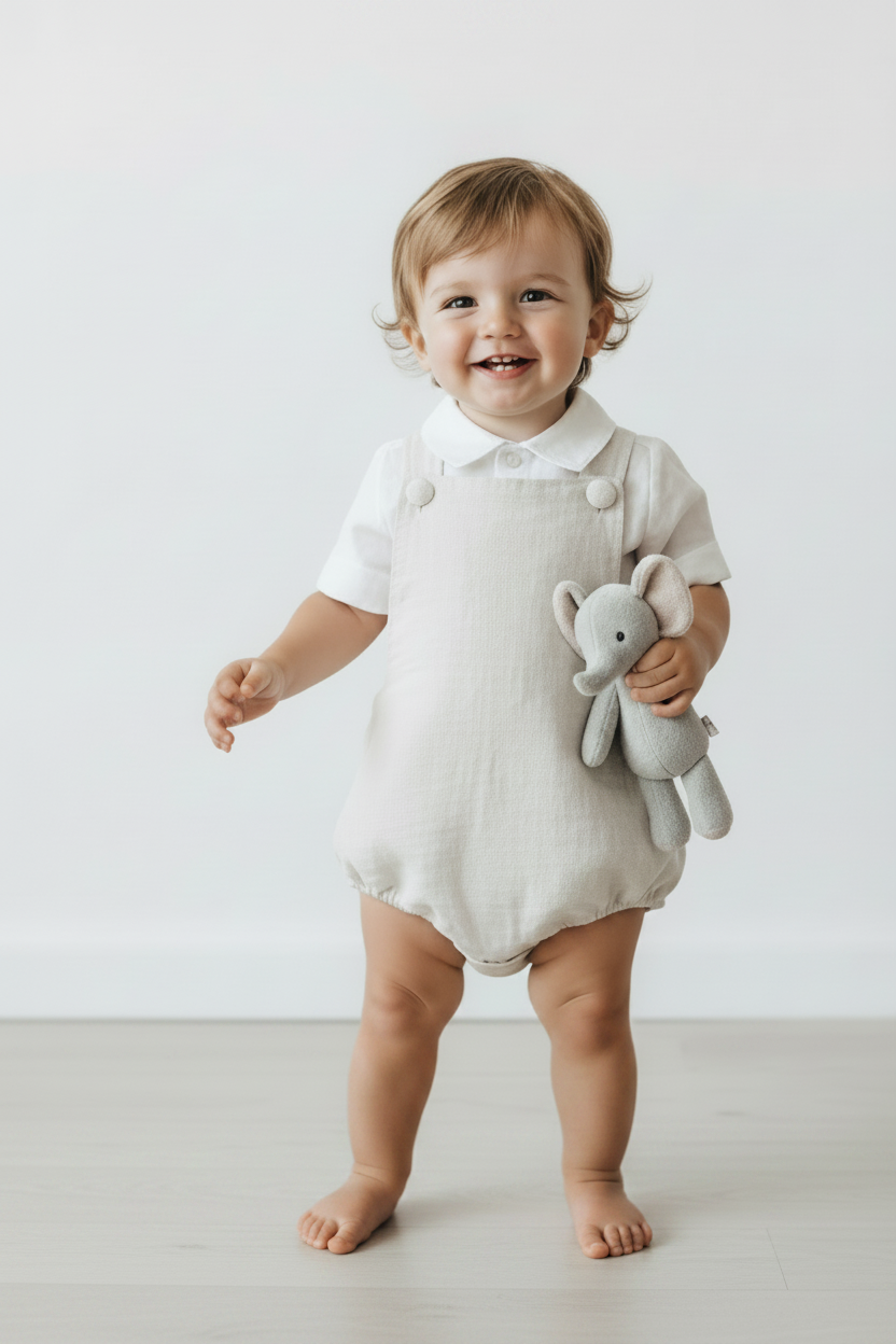 Beige and white linen and cotton baptism romper and linen shirt set
