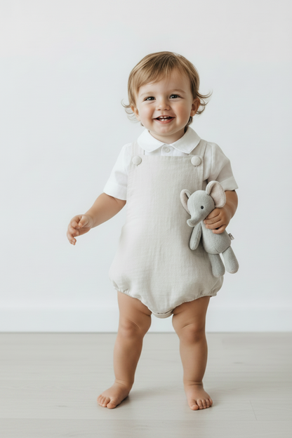 Beige and white linen and cotton baptism romper and linen shirt set