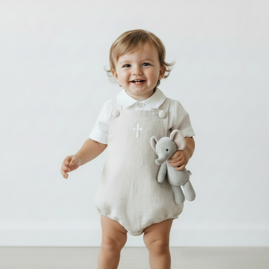 Beige and white linen and cotton baptism romper and linen shirt set