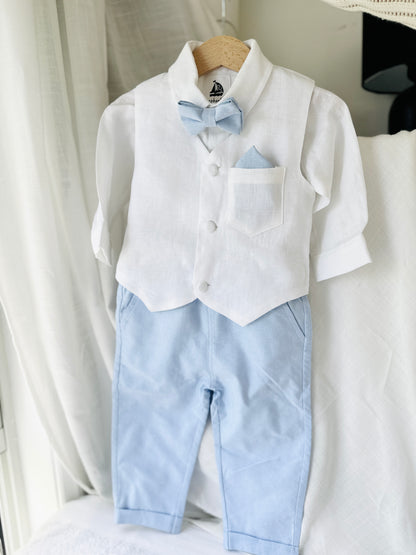 Boys pale blue and white set with vest, pants, linen shirt, bowtie and suspenders, plus optional jacket cap and shoes