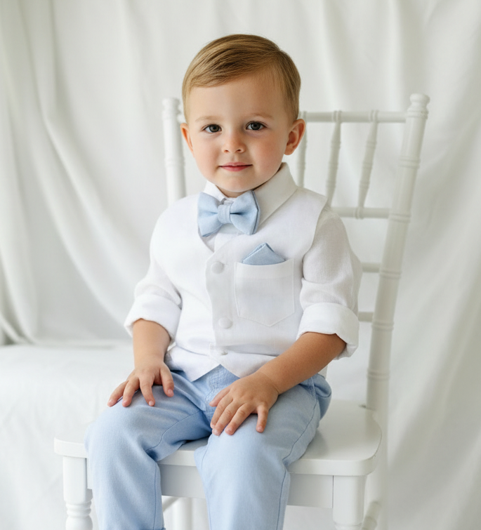 Boys pale blue and white set with vest, pants, linen shirt, bowtie and suspenders, plus optional jacket cap and shoes