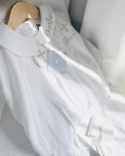 Linen Baptism peter pan collar bubble romper with optional embroidery customisation