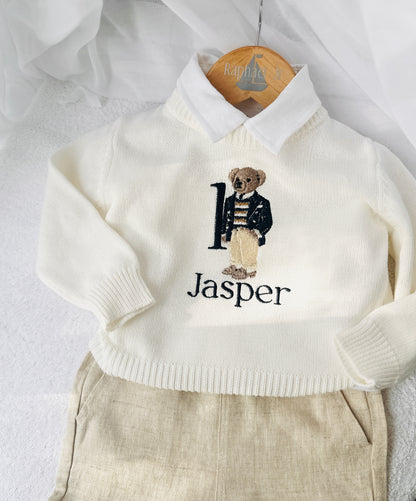 Polo Bear first birthday set with linen shirt, shorts and bear jumper