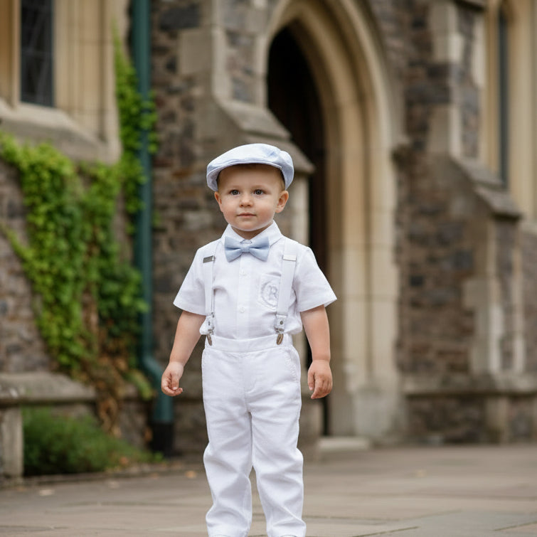 Boys Pale Blue chambray Jacket and White Linen Baptism Outfit