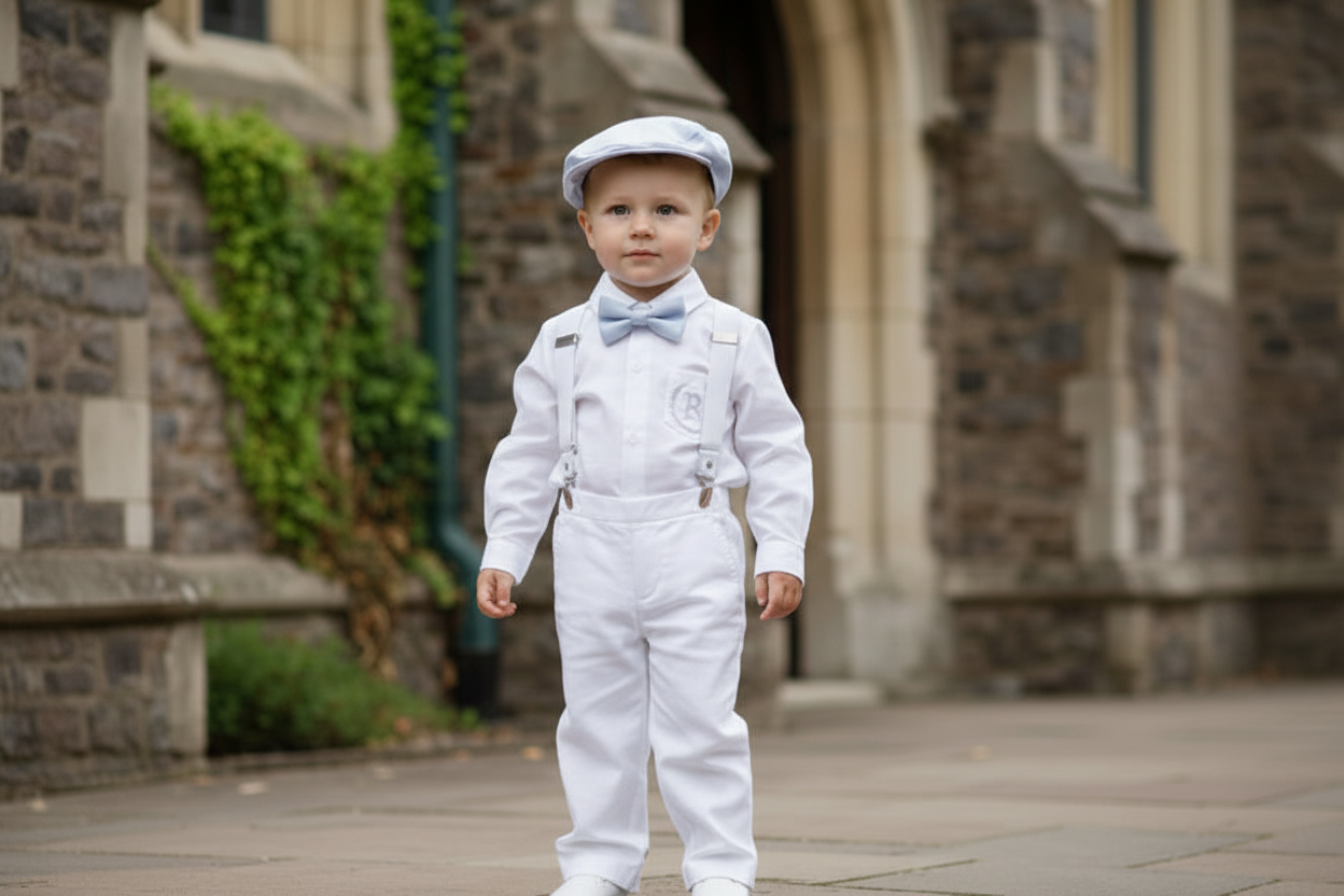 White linen Baptism Suit outfit with optional blue jacket and Accessories