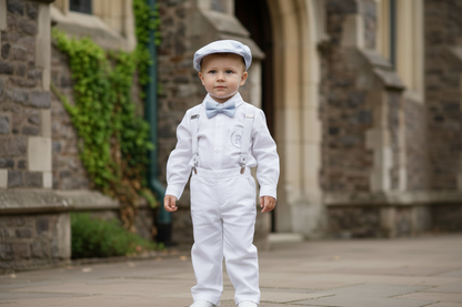 White linen Baptism Suit outfit with optional blue jacket and Accessories