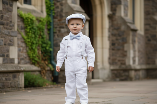 White linen Baptism Suit outfit with optional blue jacket and Accessories