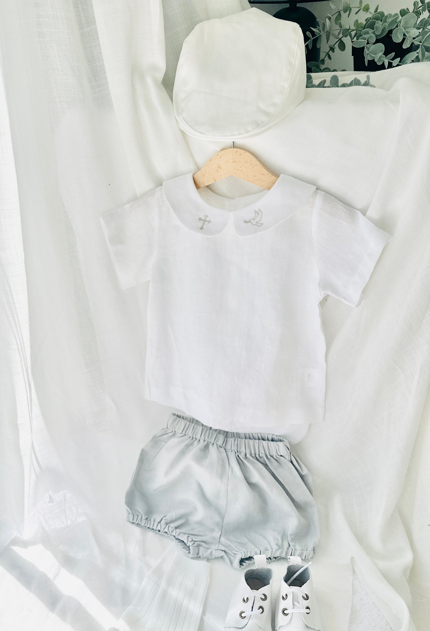 Boys white and grey linen baptism outfit with bloomers and blouse shirt