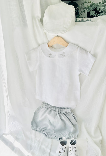 Boys white and grey linen baptism outfit with bloomers and blouse shirt