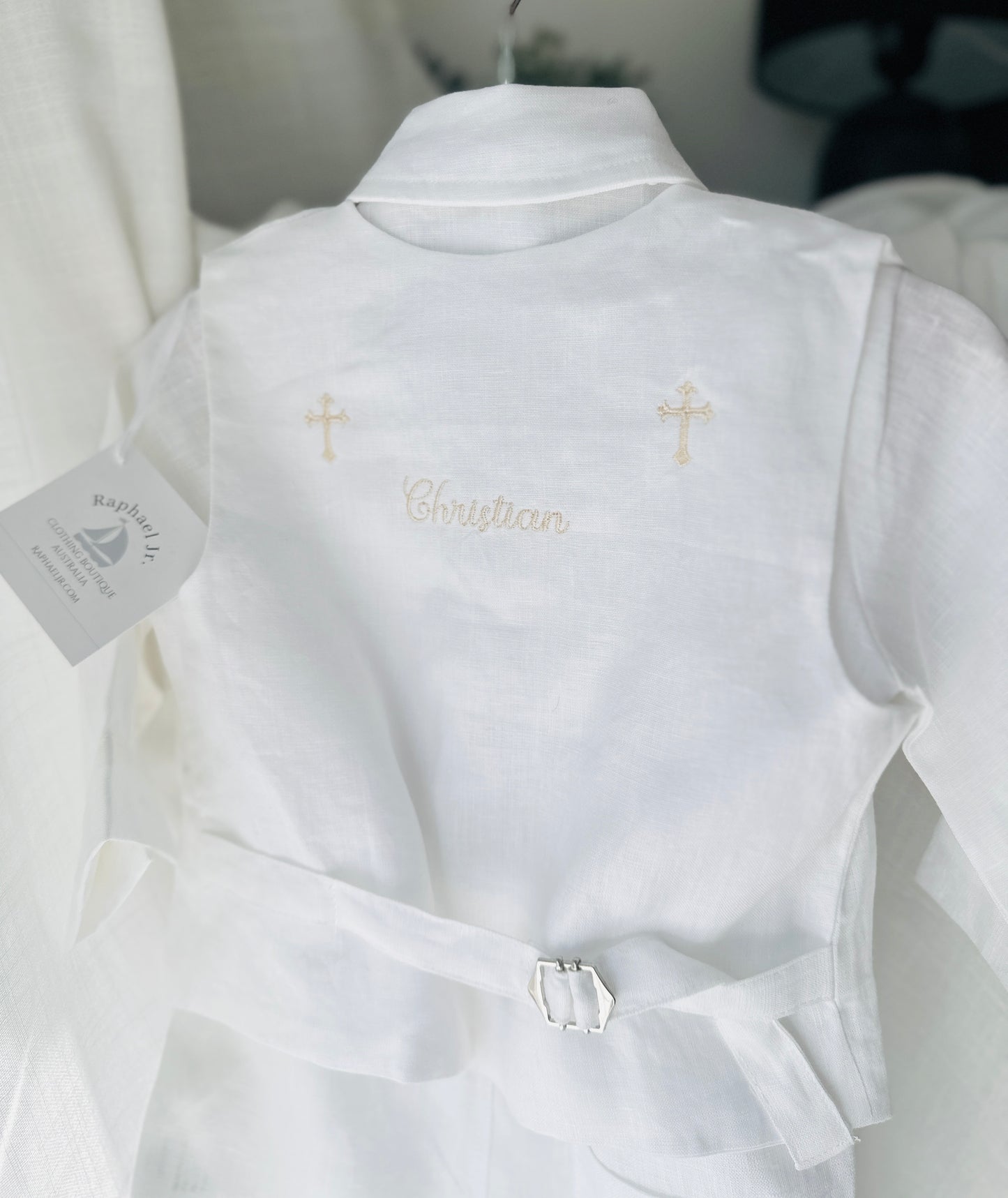Boys white linen full length Baptism set with vest, shirt, pants, suspenders and bow tie