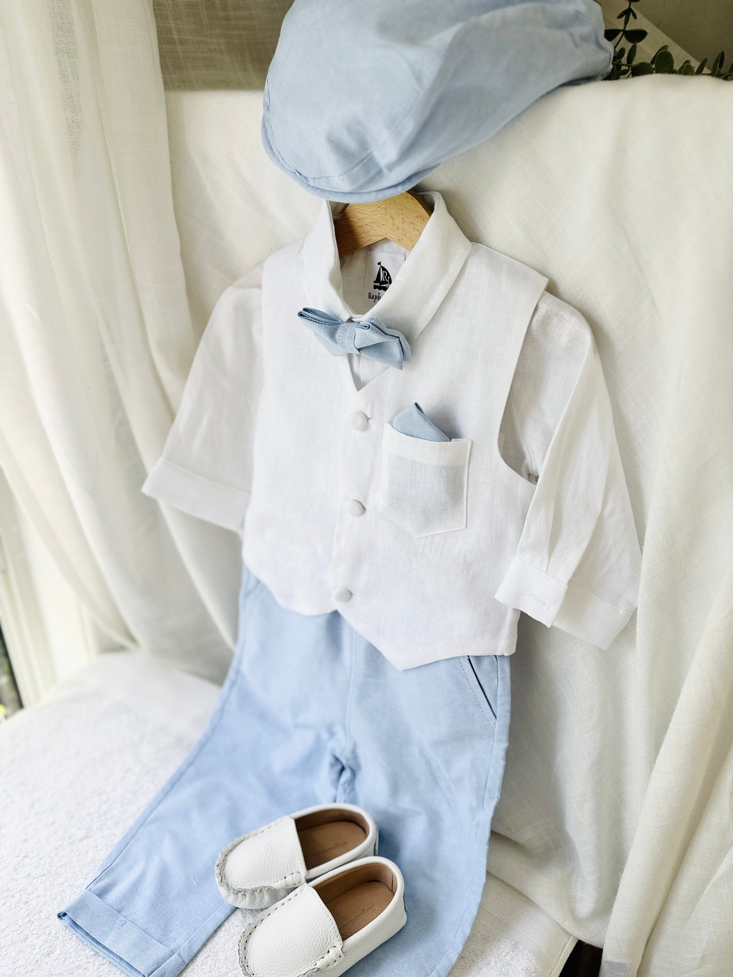 Boys pale blue and white set with vest, pants, linen shirt, bowtie and suspenders, plus optional jacket cap and shoes