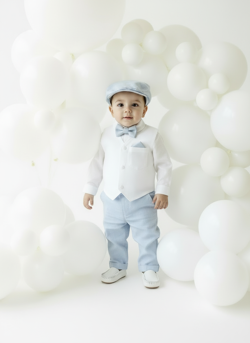Boys pale blue and white set with vest, pants, linen shirt, bowtie and suspenders, plus optional jacket cap and shoes