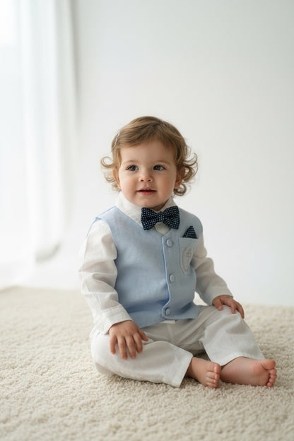 Baby and toddler boys pale blue chambray suit with blue vest, pants and jacket