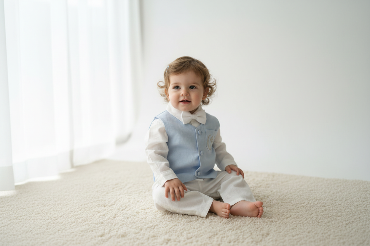 Boys pale blue and white Baptism outfit with blue vest, white linen suspender pants and shirt