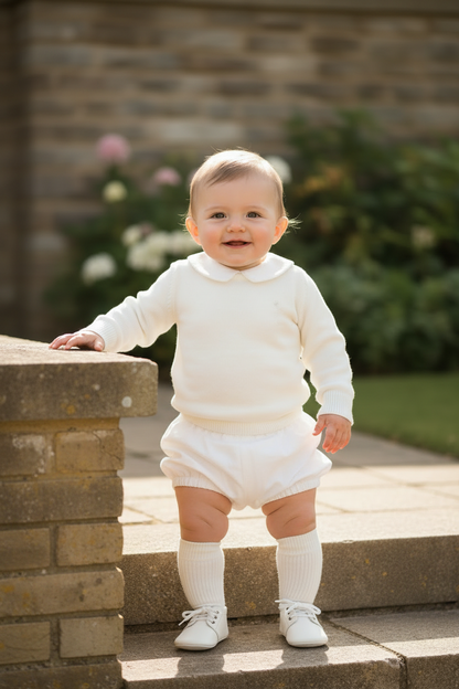 Baptism outfit with cotton onesie and jumper and linen bloomers