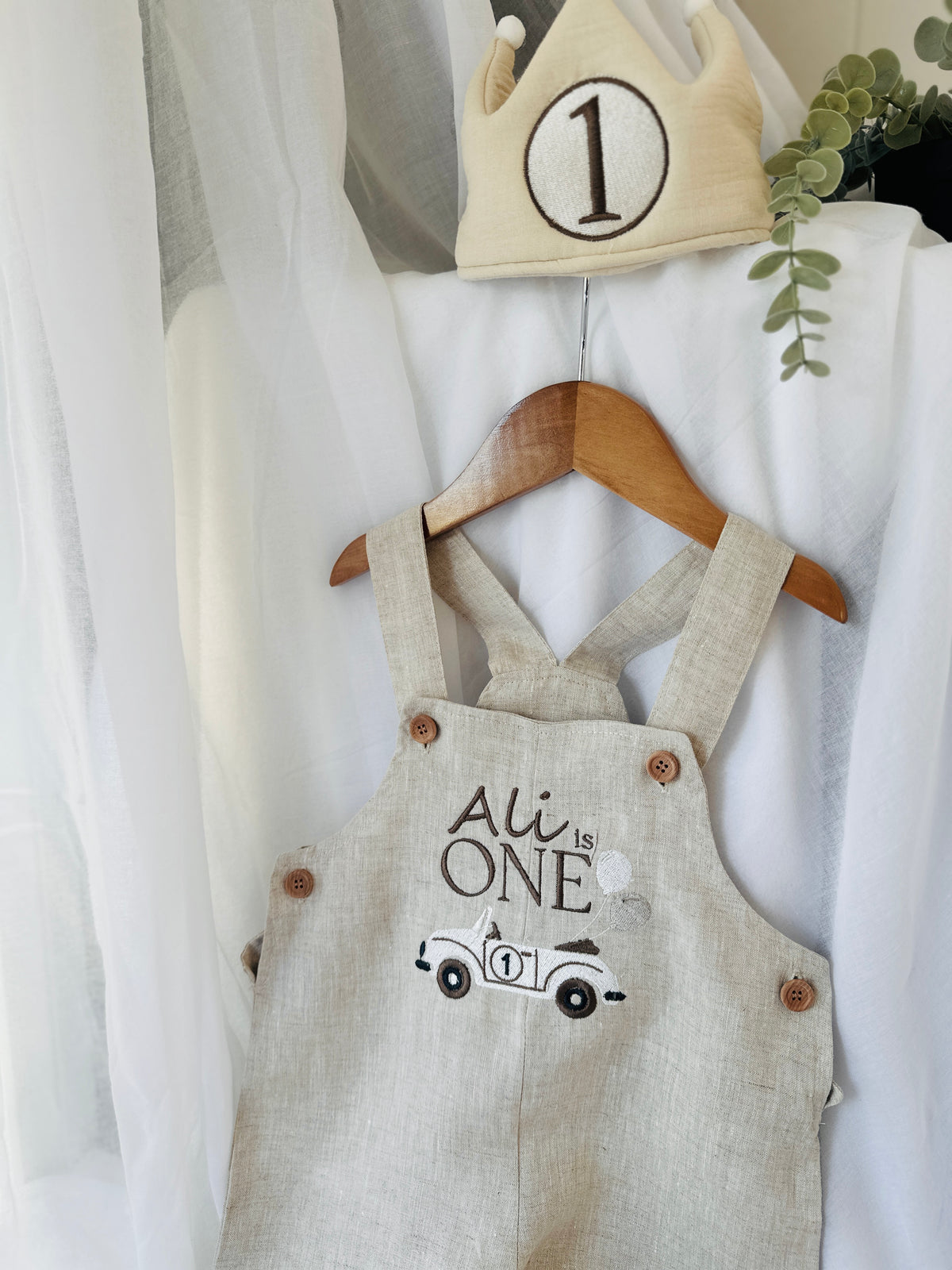Boys beige pure linen overalls with optional shirt and embroidery