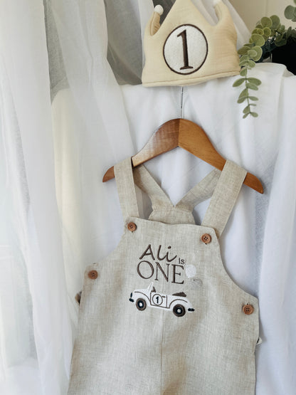 Boys beige pure linen overalls with optional shirt and embroidery