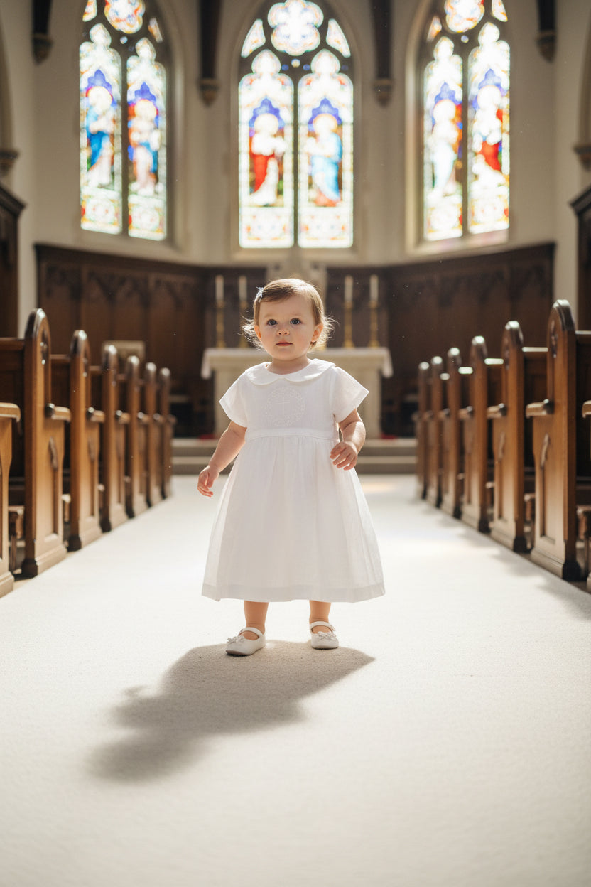 White Linen Baptism dress with detachable long skirt gown