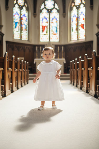 White Linen Baptism dress with detachable long skirt gown