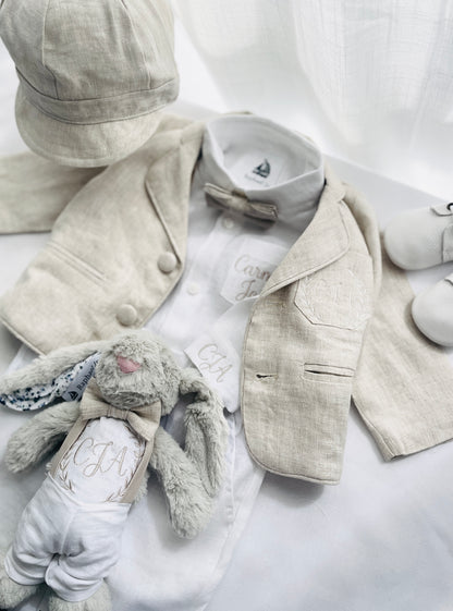 Beige Linen full length suit with pants, shirt, jacket and accessories