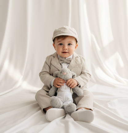 Beige linen baby and toddler boys formal baptism or wedding suit with accessories and optional personalisation