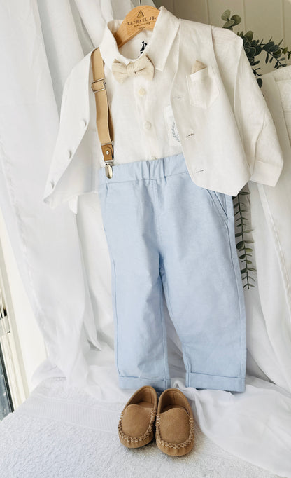 Pale Blue Suit with white linen vest and optional Jacket