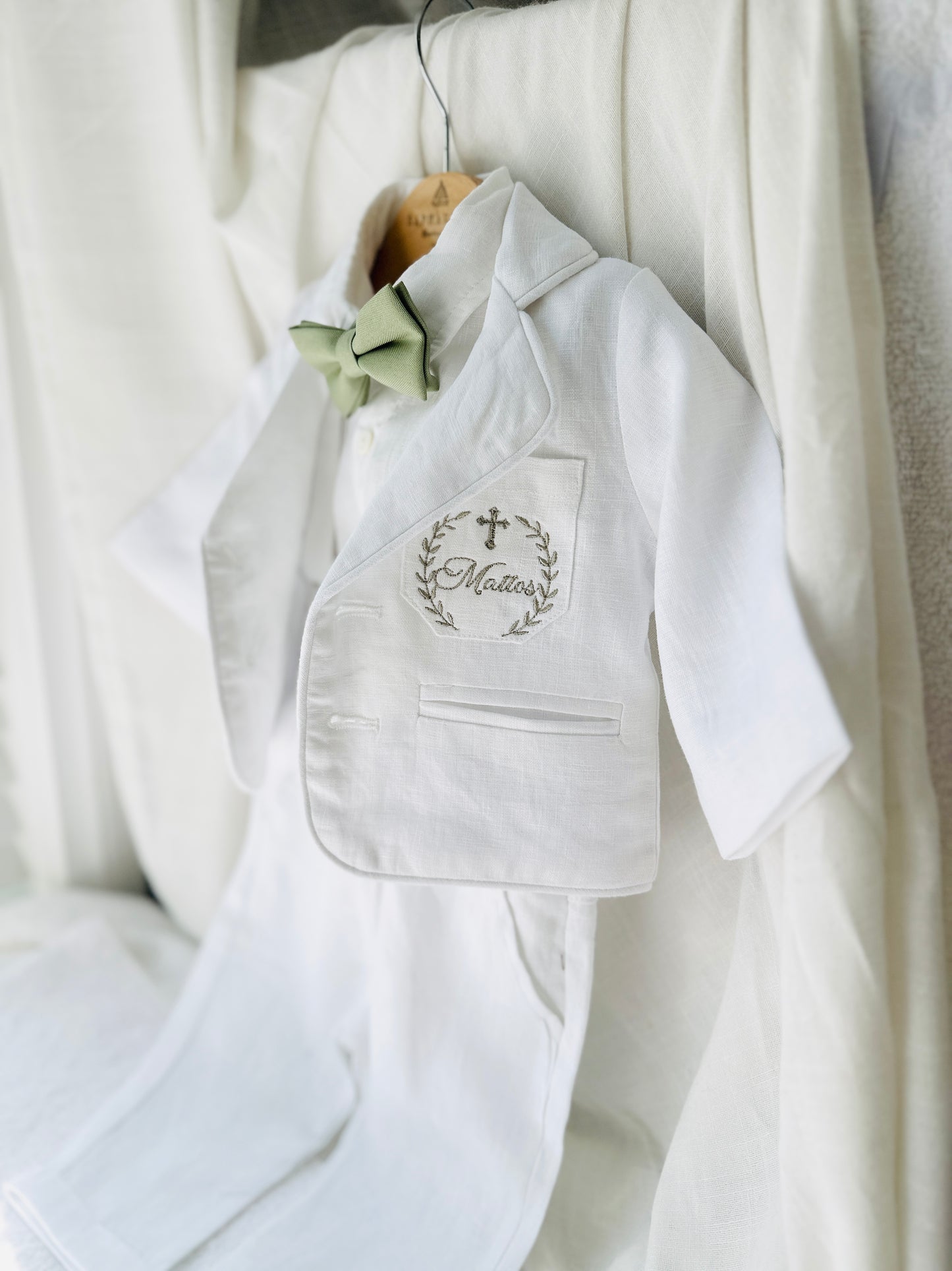 Boys white linen full 5 piece suit with vest, jacket, shirt, pants, suspenders and bow tie plus extras