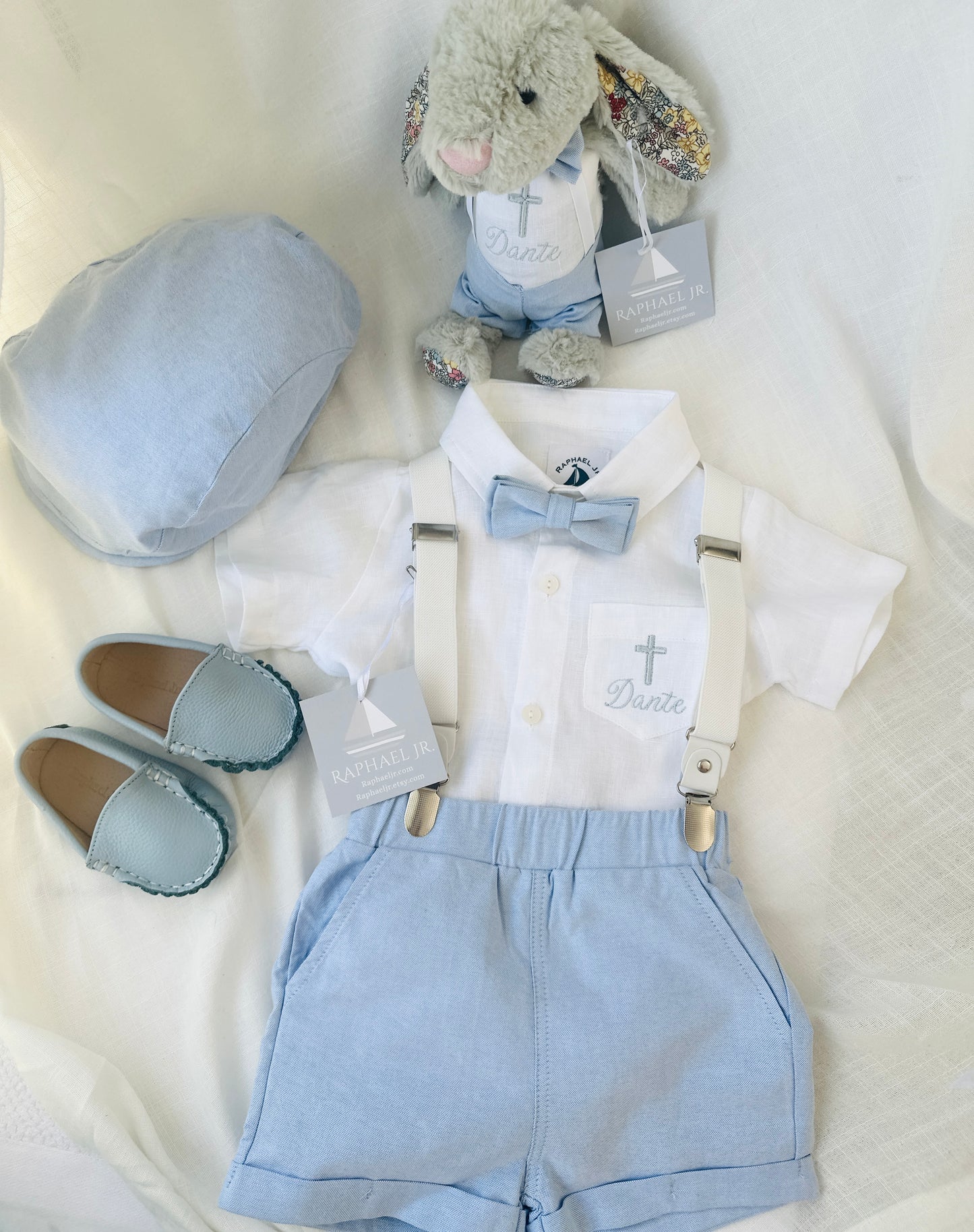 Light Blue summer first birthday set with shorts, shirt, suspenders and bow tie plus optional extras