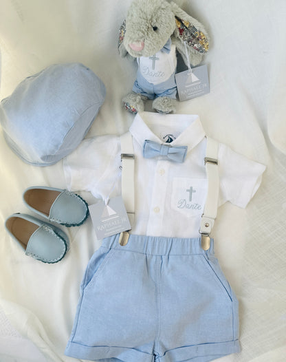 Light Blue summer first birthday set with shorts, shirt, suspenders and bow tie plus optional extras