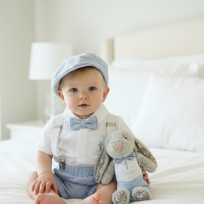 Light Blue summer first birthday set with shorts, shirt, suspenders and bow tie plus optional extras