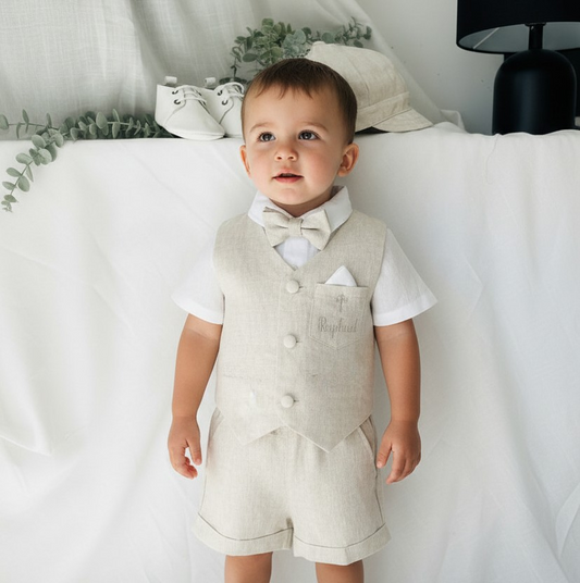 Beige Linen Shorts Shirt Suspenders and Vest set with Optional Cap Jacket and Embroidery