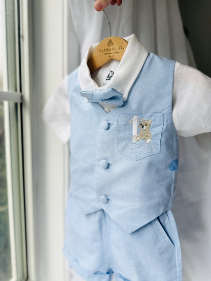 Pale blue summer vest set with blue vest, suspender shorts white shirt and bowtie