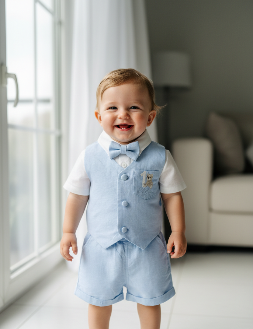 Pale blue summer vest set with blue vest, suspender shorts white shirt and bowtie
