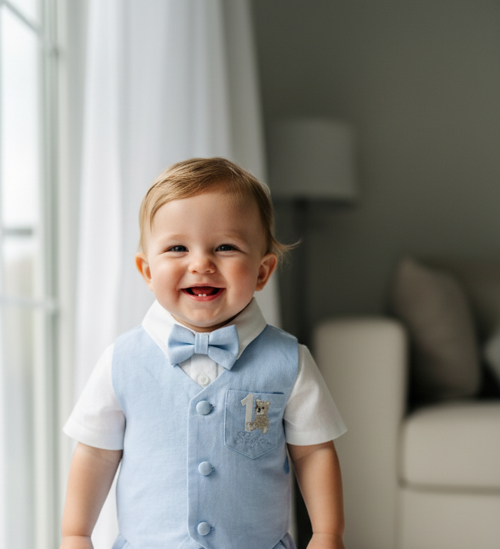 Pale blue and Beige linen summer set with blue vest, white shirt, beige shorts, suspenders and blue bow tie