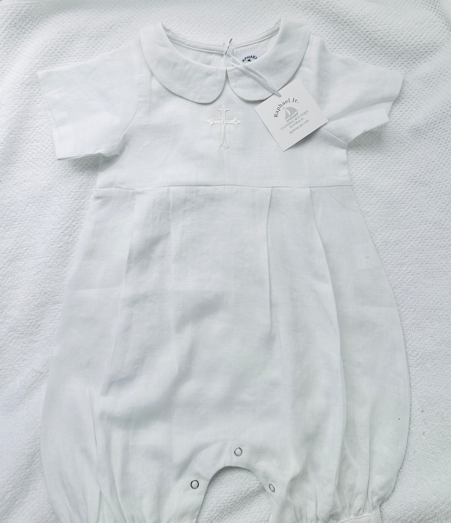 Linen Baptism romper dungaree jumpsuit with optional cardigan and embroidery
