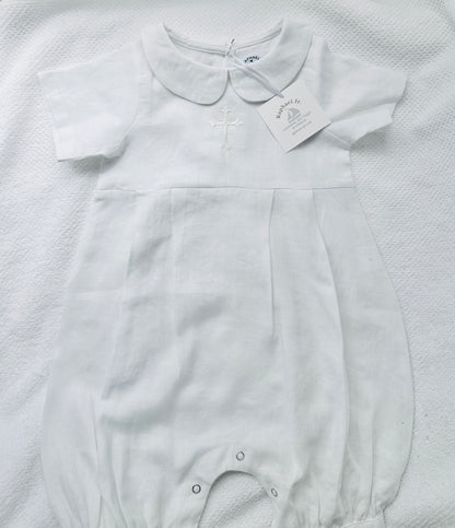 Linen Baptism 3/4 length jumpsuit with optional cardigan and embroidery