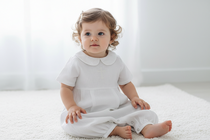 Linen Baptism 3/4 length jumpsuit with optional cardigan and embroidery