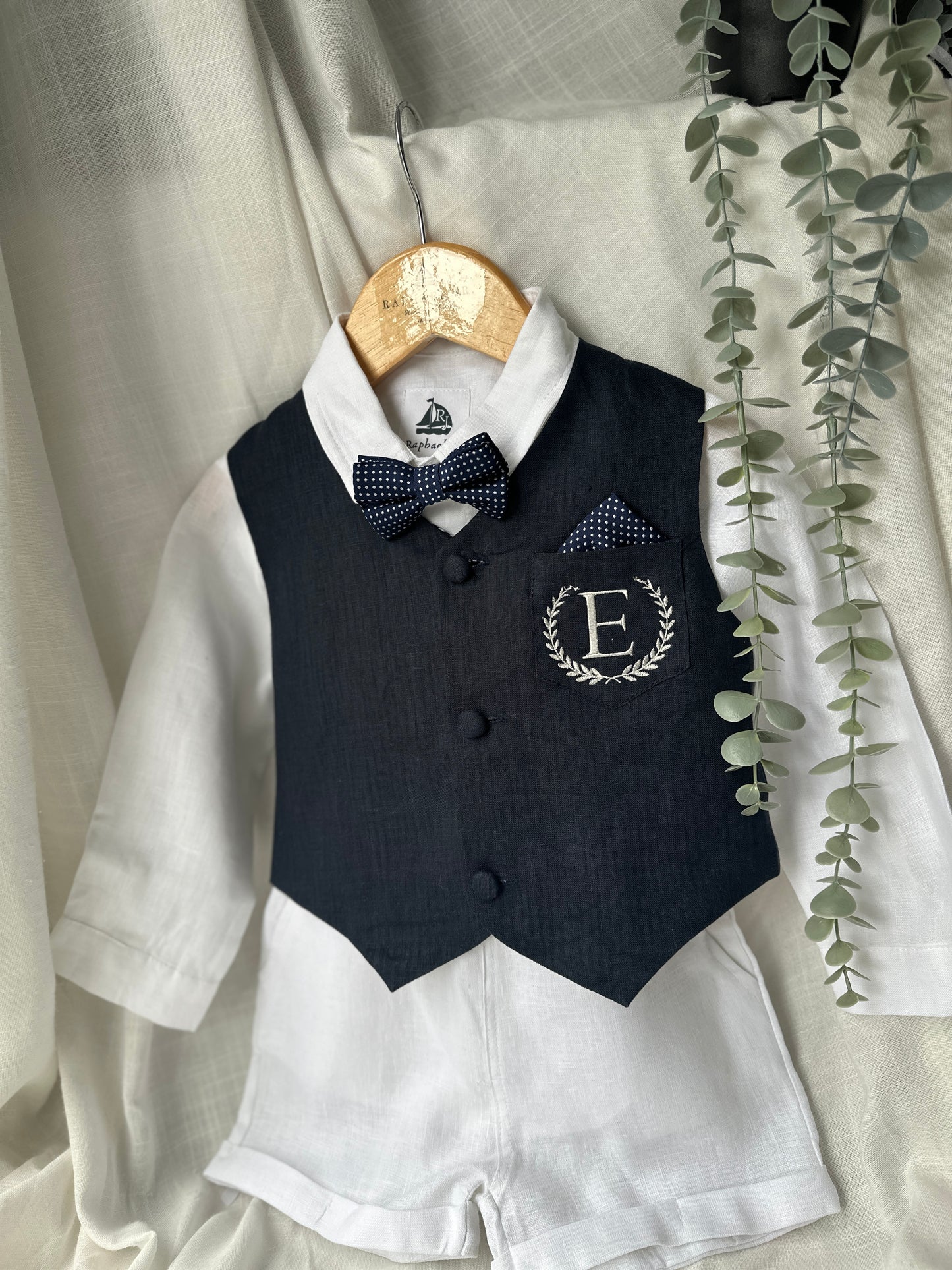 Boys Navy blue vest with white linen suit set