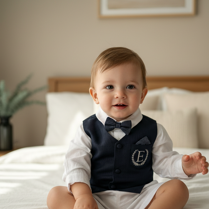 Boys Navy blue vest with white linen suit set
