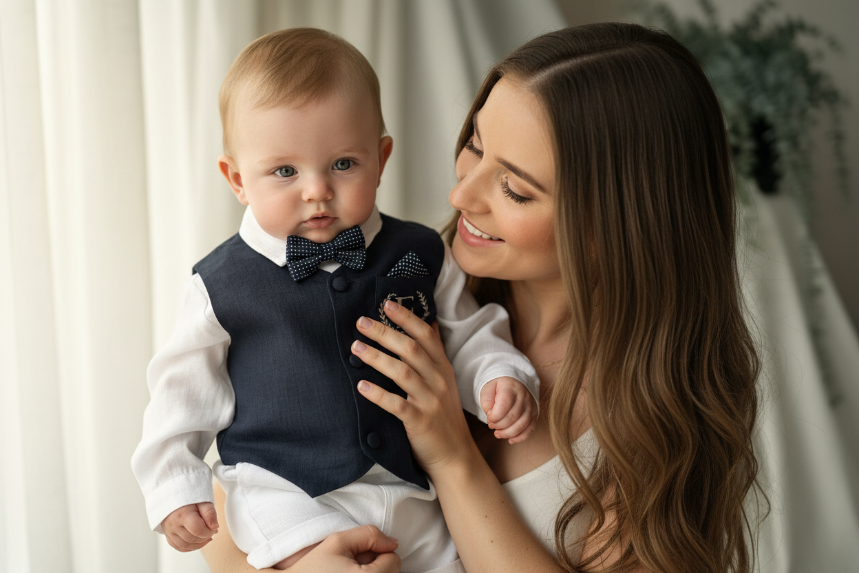 Beige linen suit with Navy blue vest