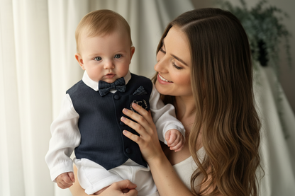 Beige linen suit with Navy blue vest