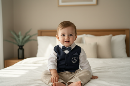 Beige linen suit with Navy blue vest