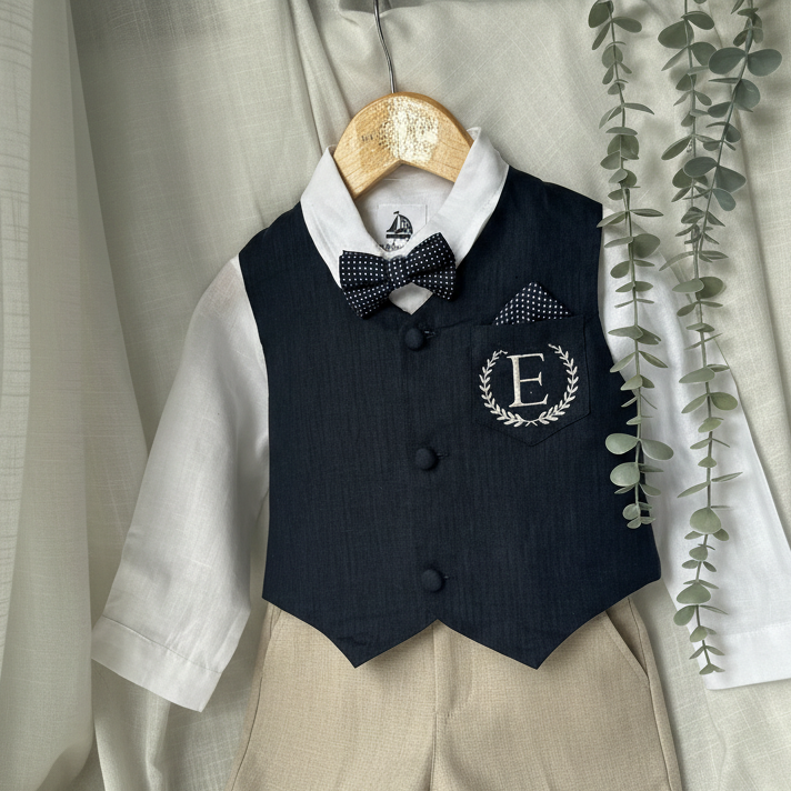Beige linen suit with Navy blue vest