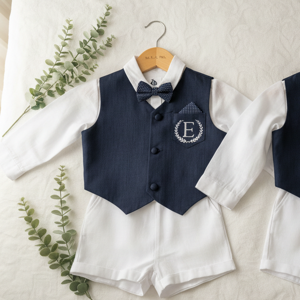 Boys Navy blue vest with white linen suit set